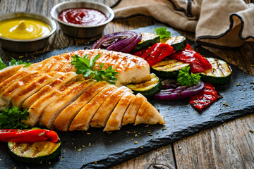 Grilled chicken breast and vegetables on wooden table
