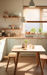 Fototapeta na wymiar Modern kitchen wooden table, modern interior design, wooden chairs and table in modern dining room.