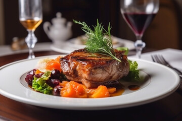 Appetizing grilled ribs, restaurant serving. Generative AI.