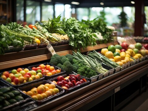 Close-up photo of a shelf of fresh vegetables in a supermarket, bright colors and light from bulbs. Generative AI