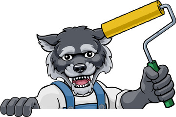 A wolf painter decorator handyman cartoon construction man mascot character holding a paint roller tool