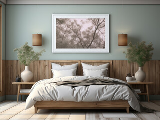 Frame mock up in farmhouse Bedroom Interior, Mockups Design 3D, High-quality Mockups, Generative Ai