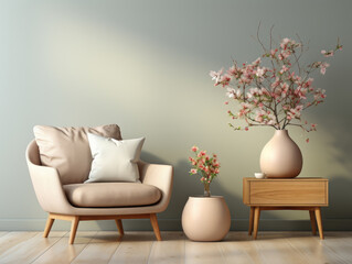 Home Interior Mockup with armchair pouf and bouquet, Mockups Design 3D, High-quality Mockups, Generative Ai