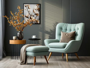 Home Interior Mockup with armchair pouf and bouquet, Mockups Design 3D, High-quality Mockups, Generative Ai