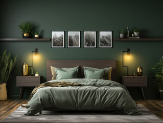Home Mockup Dark Green Bedroom Interior Background, Mockups Design 3D, High-quality Mockups, Generative Ai