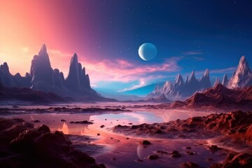 Fantasy landscape of alien planet with rocks. Alien planet surface illustration for computer game. Generated AI © Amore Sea