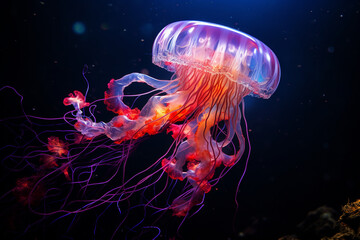 A mesmerizing photograph of a bioluminescent jellyfish illuminating the dark depths of the ocean, with its vibrant colors and glowing trails creating a captivating display of natur Generative AI
