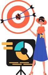 The girl holds in his hand a target with arrow that hit the center. Trendy style, Vector Illustration