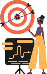 The daughter holds in his hand a target with arrow that hit the center. Trendy style, Vector Illustration