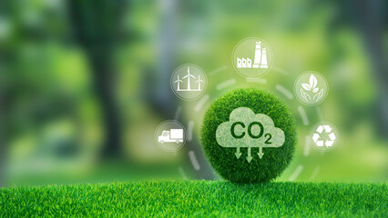 CO2 emission reduction concept with environmental icons, global warming, sustainable development...