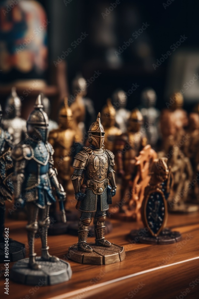 Poster a bunch of figurines that are on a table. generative ai image.