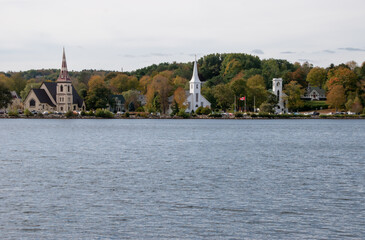 The famous three churches of Mahone Bay near to Lunenburg. Taken in Mahone Bay, Canada, 10.2022.