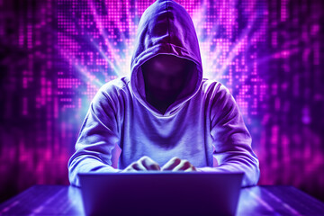 Faceless cybercriminal hacker in the hood using a laptop for a cyber attack, purple binary code matrix background, Generative AI