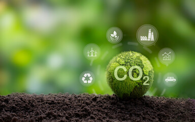 CO2 emission reduction concept with environmental icons, global warming, sustainable development and renewable energy green business background.