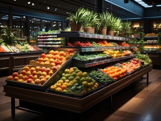 Fototapeta premium The interior of a supermarket filled with fruit and vegetable on the shelf, decorated with plants and light from bulbs. Generative AI