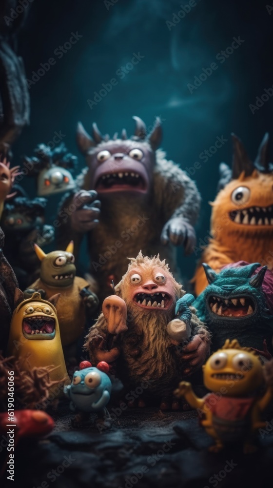Poster a group of toy monsters sitting on top of a table. generative ai image.