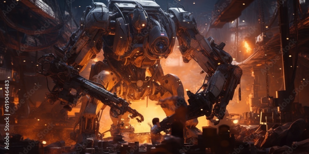 Poster a giant robot standing in front of a crowd of people. generative ai image.