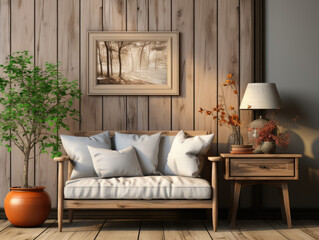 Light Farmhouse living room interior with dark wooden, Mockups Design 3D, High-quality Mockups, Generative Ai