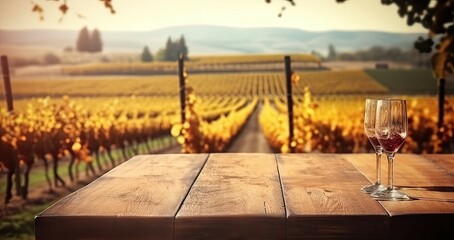 Wooden Table for Product Display in Grape Farm, Autumn with Blurred Background Generative AI illustrations