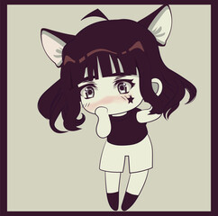 Chibi girl with cat ears and dark short hair. Retro style art oster