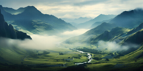 Foggy mountain landscape with a river in the valley at dawn. created with generative AI technology.