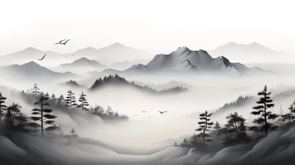 Fototapeten Fantasy landscape with mountains and forest in fog. Digital painting. created with generative AI technology. © hakule