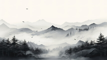 Fantasy landscape with mountains and forest in fog. Digital painting. created with generative AI technology.