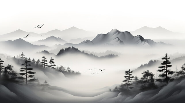 Fantasy landscape with mountains and forest in fog. Digital painting. created with generative AI technology.