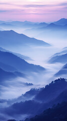 Foggy landscape with mountains and blue sky. created with generative AI technology.