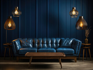 Dark Blue Home Interior with old retro, Mockups Design 3D, High-quality Mockups, Generative Ai