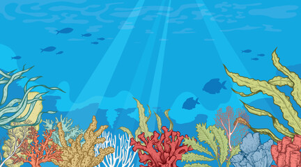 Marine Sea Life background. Ocean and underwater world with different inhabitants. Hand drawn sketch elements. Best for print, user interface, card, poster. Vector illustration.