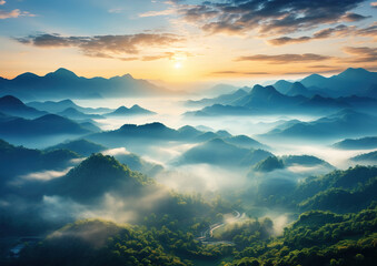 Fototapeta premium Mountain landscape at sunrise. Colorful natural scenery with fog in the valley. created with generative AI technology.