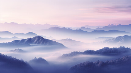 Obraz na płótnie Canvas Foggy landscape with mountains and blue sky. created with generative AI technology.
