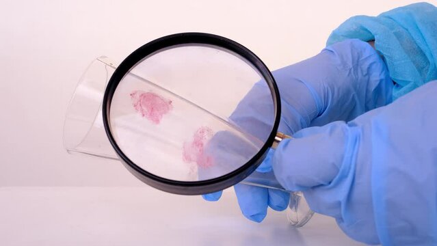 evidence idfresh splatter of red blood on glass goblet, forensic specialist identifies fingerprints at crime scene with magnifying glass, inspection of scene, forensic medical examiner work concept