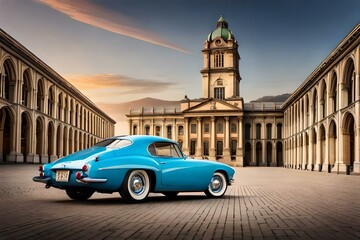A classic sports car parked in front of a historic landmark, with ornate architecture and a sense...