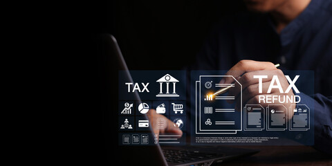 Concept of tax payment optimisation business finance,Man using calculator and taxes icon on...