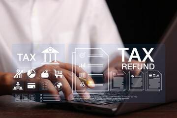 Concept of tax payment optimisation business finance,Man using calculator and taxes icon on technology screen,income tax and property, individuals and corporations such as VAT