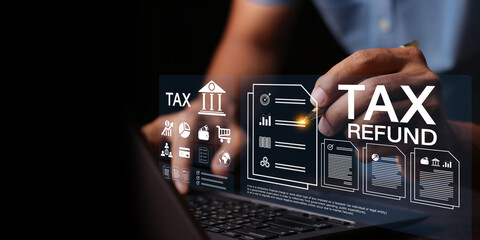 Concept of tax payment optimisation business finance,Man using calculator and taxes icon on technology screen,income tax and property, individuals and corporations such as VAT