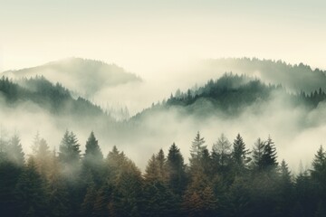 Naklejka na ściany i meble Enchanting Mist Vintage Retro Hipster Style Fir Forest Landscape AI Generated