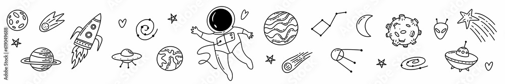 Wall mural horizontal illustration a set of space objects and symbols drawn by hand in the style of doodles