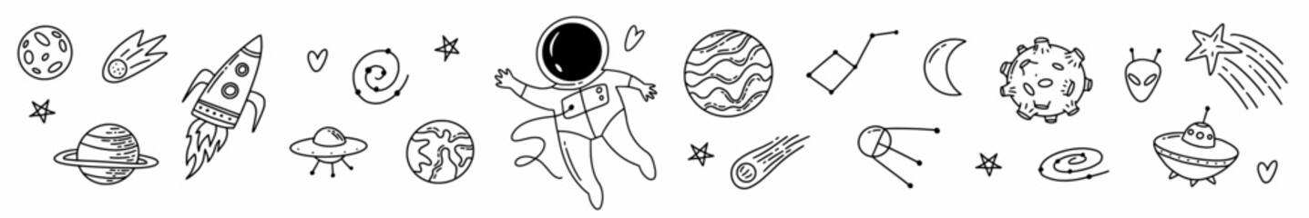 Vector horizontal set of space objects and symbols drawn by hand in doodle style