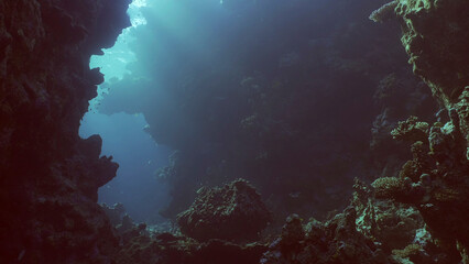 Fototapeta na wymiar Coral caves on sunny day in bright sunlight, Backlighting (Contre-jour) Red sea, Safaga, Egypt