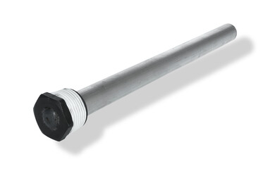 Metal anode rod with tape to make a tight seal in an RV water heater.
