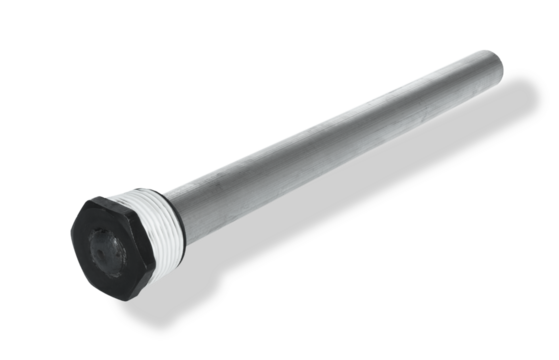 Metal anode rod with tape to make a tight seal in an RV water heater.