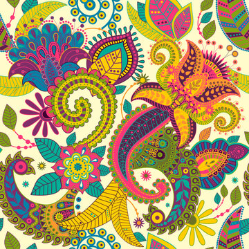 Bright colorful flowers design. Decorative flowers, paisley, plants wallpaper. Stylized big flowers print. Cartoon, hand drawn art. Indian textile, fabric. Decorative nature background. Summer batik