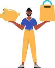 The Guy holds a piggy bank and a workshop basket in his hired handwrite. Trendy style, Vector Illustration