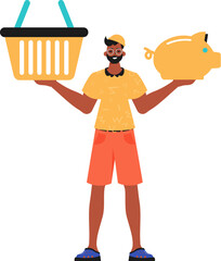 The Guy holds a piglet deposit and a workshop basket in his hired handwrite. Trendy style, Vector Illustration