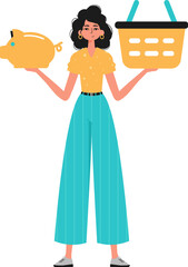 The girlfriend holds a piggy bank and a shopping basket in his hand. Trendy style, Vector Illustration