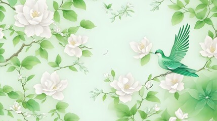 Serene Garden Tranquility: Watercolor 3D Chinoiserie Wallpaper