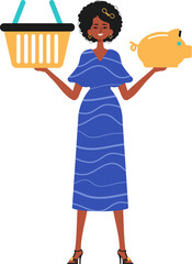 The girlfriend holds a hoggish depository fiscal trigger and a denounce basket in his hand. Trendy style, Vector Illustration